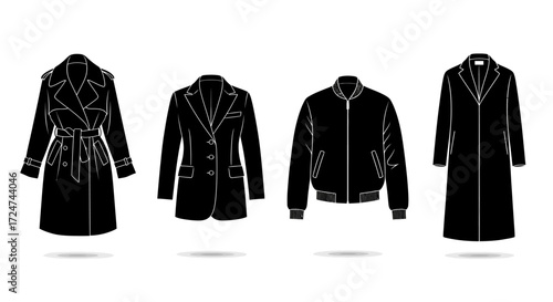 Collection of four black fashionable coats and jackets displayed as fashion apparel mockups vector