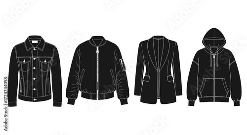 Diverse collection of black jackets fashion apparel for men and women apparel vector