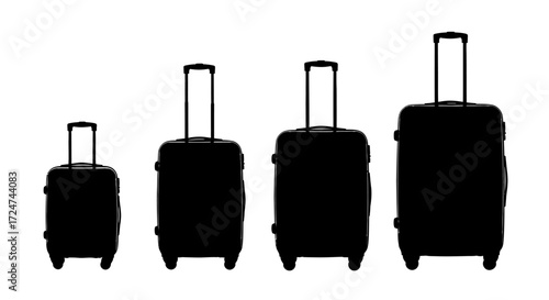 Four black rolling suitcases of varying sizes for travel and vacation vector