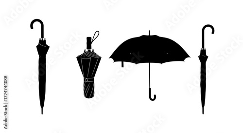 Collection of umbrella silhouettes ready for protection against rain on white surface vector