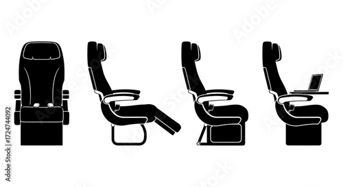 Modern airplane seats in multiple angled views for travel and transportation concepts vector