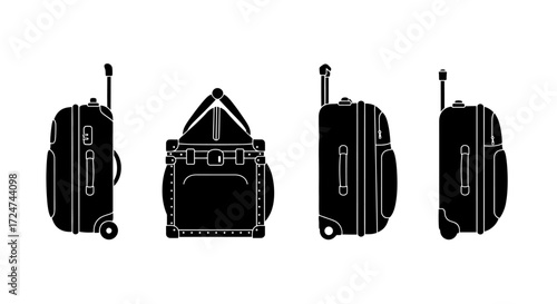 Set of four black rolling luggage bags in different perspectives for travel and journeys vector