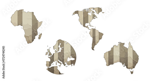 Abstract world map continents with vertical stripes texture and earth tones vector