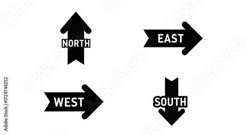 Four black directional arrows indicating north east west and south points vector