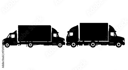 Two silhouette trucks moving freight logistics transportation delivery services shipping industry transport vector