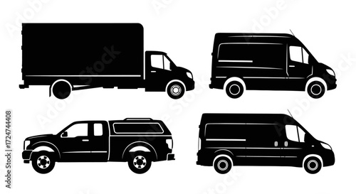 Collection of black silhouette delivery trucks vans pickup trucks and cargo vehicles for transport logistics vector