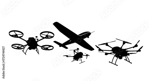 Silhouette collection of drones and airplane flying together in the sky for aerial technology vector