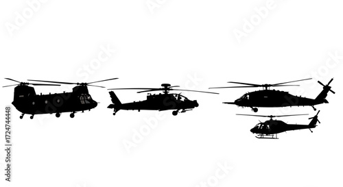 Silhouette collection of military helicopters in flight diverse aircraft variety for aviation themes vector