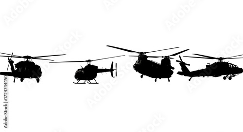 Silhouette of multiple military helicopters flying in formation against a vector