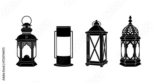 Collection of four ornate vintage lanterns and traditional lamps for decoration and lighting vector