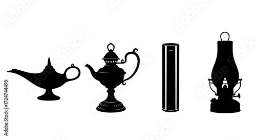 Silhouette collection of classic genie lamp teapot candle lantern and ancient scroll on white vector