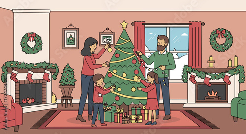 A family is together decorating a Christmas tree. A joyous holiday season is around the corner for everyone in the picture.