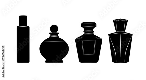 Four elegant black perfume bottles silhouette collection for luxury beauty and fragrance brands vector