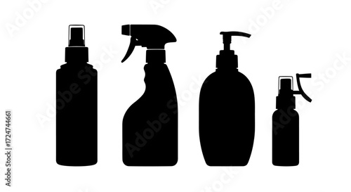 Set of silhouetted spray bottles and dispenser bottles for cleaning and personal care products vector