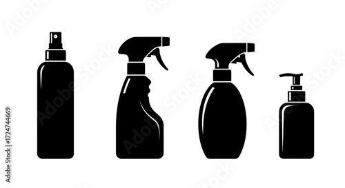 Set of four black silhouette spray bottles and dispenser for cleaning products and cosmetics isolated. vector