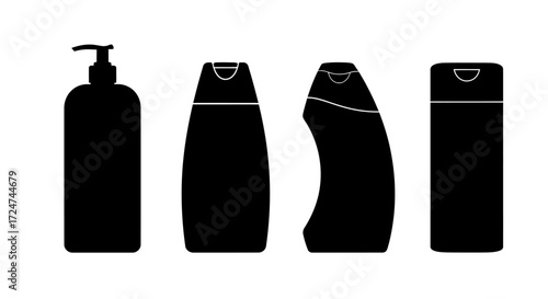 Set of four black silhouette shampoo bottles and cosmetic containers with various cap designs vector