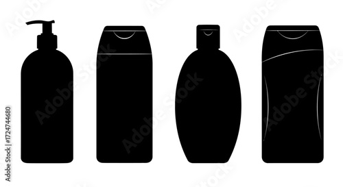 Collection of silhouetted cosmetic bottles shampoo lotion soap dispenser packaging icons vector
