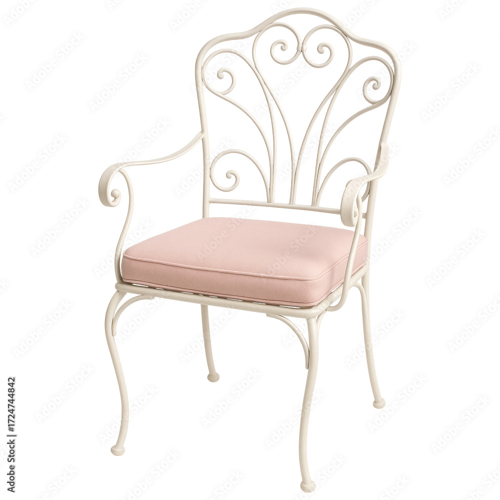Fototapeta premium Elegant Vintage Metal Chair with Curved Design and Soft Cushion for Indoor Use