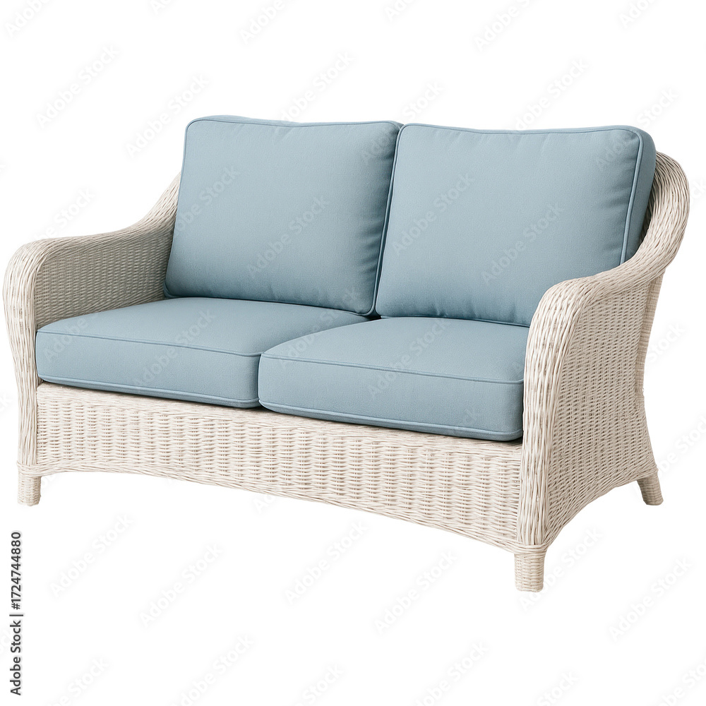 Fototapeta premium Cozy Outdoor Sofa with Soft Blue Cushions for Relaxation and Leisure Time