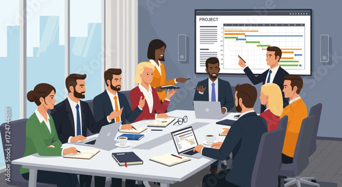 Professional project manager presenting a detailed Gantt chart schedule to a diverse team during a strategic business meeting in an office boardroom