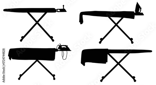 Four silhouette icons of ironing boards with clothes and irons for household chores vector