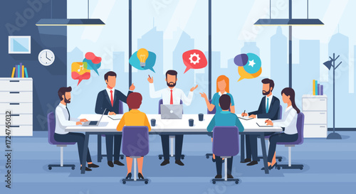 Dynamic business team collaborating on innovative strategies in a modern office meeting, fostering new ideas and effective communication for project success
