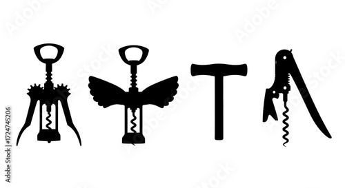 Collection of four distinct corkscrew and bottle opener tools for wine and beverages vector