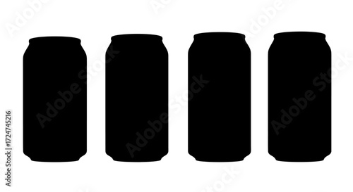 Four black soda cans lined up in a row isolated on a vector