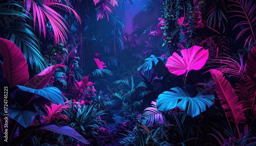 Fototapeta Naklejka Na Ścianę i Meble -  Neon jungle scene with vibrant foliage