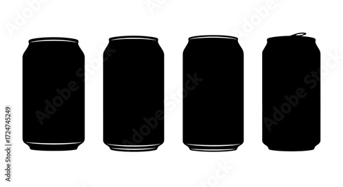 Four black beverage cans isolated on a white surface showing different angles and one opened can vector