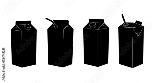 Four black beverage cartons with straws and caps isolated on vector