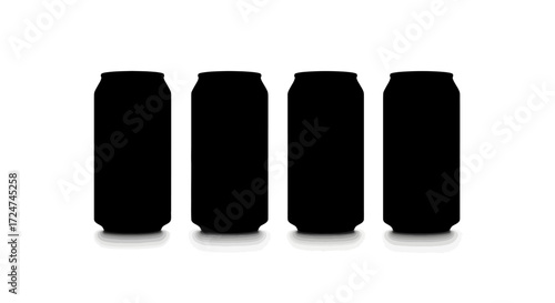 Four black soda cans lined up in a row isolated on white vector