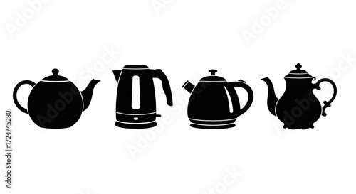 Collection of black silhouette tea pots and electric kettle diverse styles isolated vector