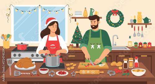 Cheerful couple preparing a festive Christmas feast, stirring pots and chopping vegetables for their holiday dinner in a beautifully decorated home kitchen