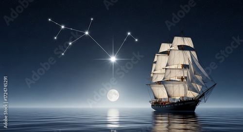 Fototapeta Naklejka Na Ścianę i Meble -  Sailing ship under starry night sky with constellation and full moon reflection