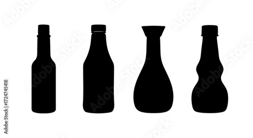 Four diverse black bottle silhouettes for beverage and packaging design concepts vector