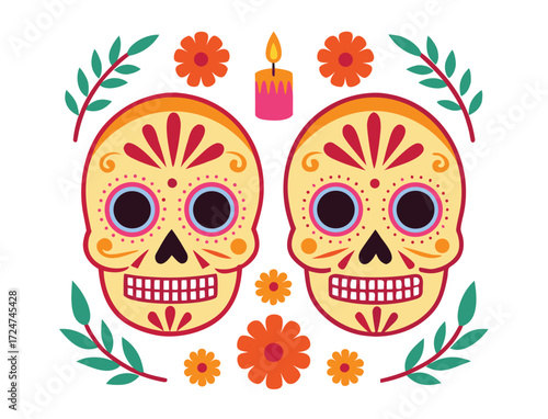 Colorful sugar skulls with flowers and candle for day of dead