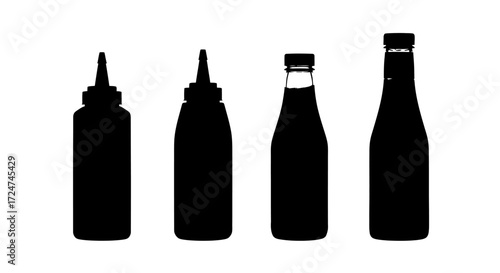 Four silhouette bottles of condiments sauces and dressings isolated on vector