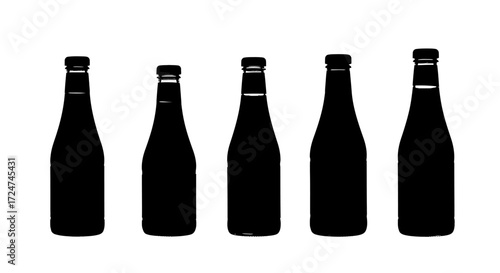 Five silhouette dark glass bottles lined up different sizes for beverages drinks vector