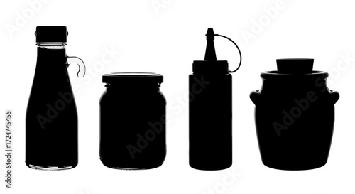 Silhouette set of four food condiment containers including bottles and jars vector