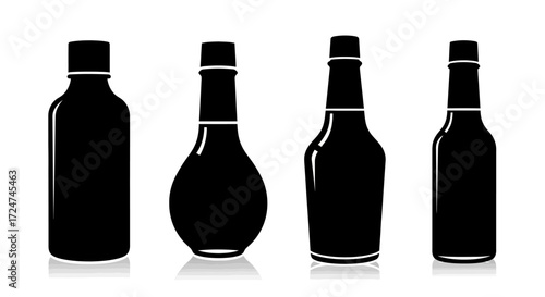 Four dark glass bottles with white caps displaying various shapes against a white canvas vector