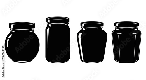 Four distinct glass jars filled with dark contents presented on a vector