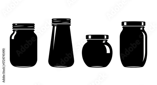 Diverse glass jars and bottles set for food preservation and storage collection vector