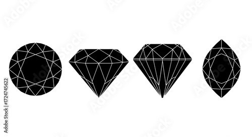 Four gemstone cut styles depicting round oval and pear shapes in black silhouette vector