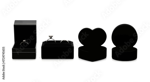 Collection of black velvet jewelry boxes for engagement rings and presents vector