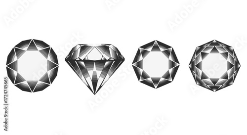 Four sparkling faceted diamonds showing different cuts and brilliant refractions isolated on white vector