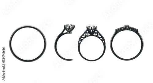 Detailed jewelry design showing engagement ring from multiple angles clean studio presentation vector