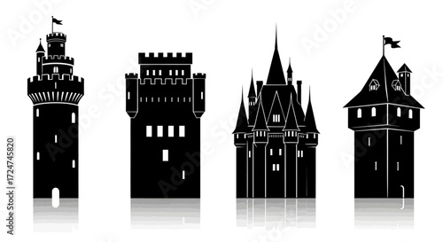 Collection of diverse castle towers silhouettes reflecting mysterious fantasy kingdom architecture vector