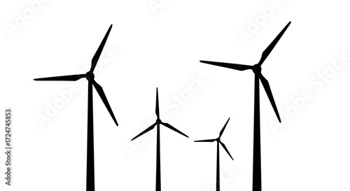 Silhouetted wind turbines rotating against a bright white sky generating renewable energy vector