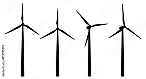 Four stylized wind turbines silhouettes showing different rotor positions and angles vector